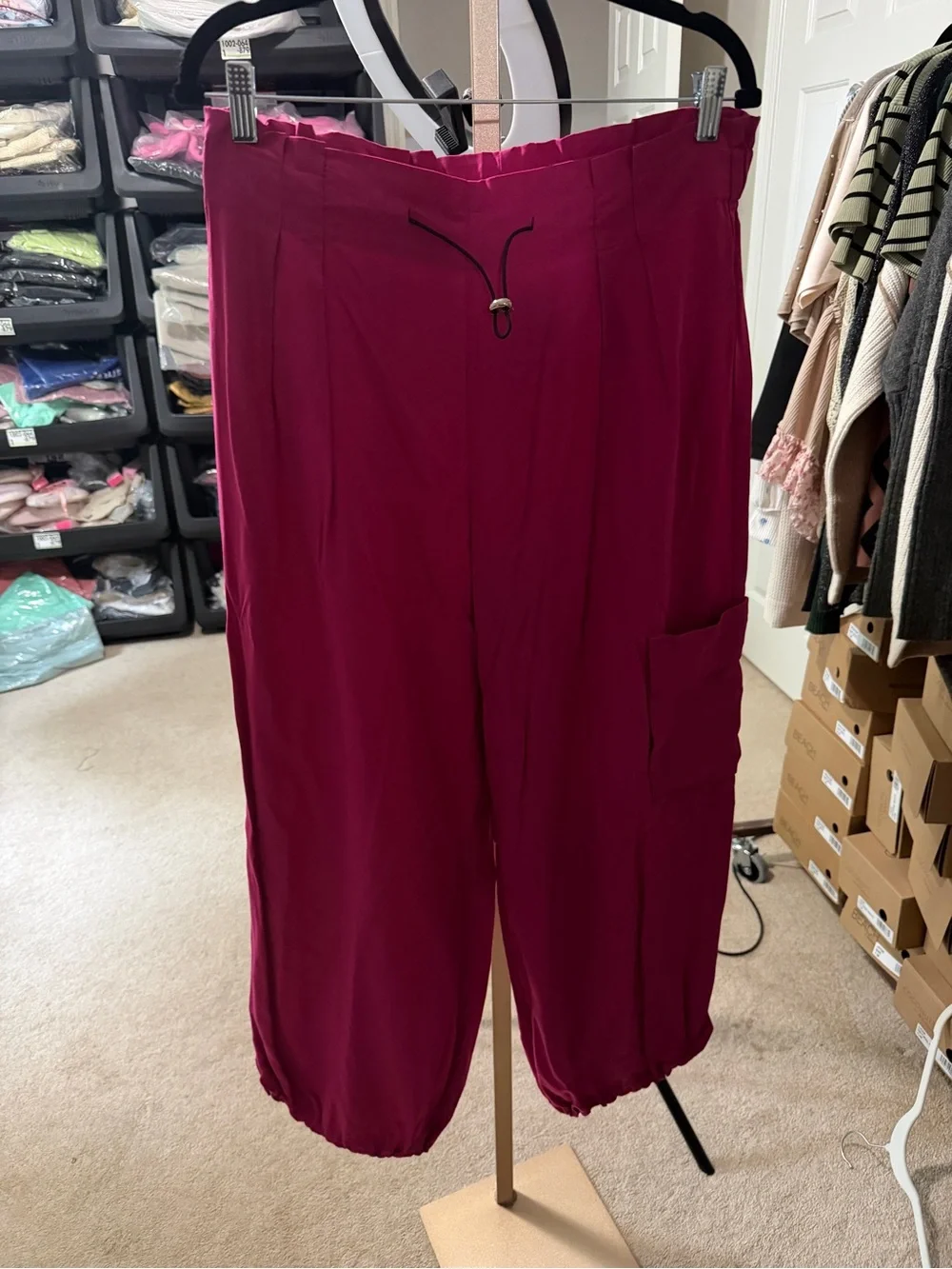 Magenta Drawstring Cargo Crop Pants